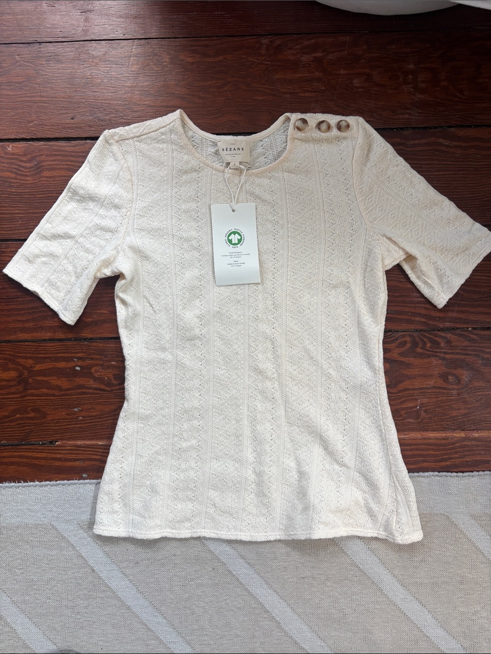 NWT Sézane Aiden Ecru Short-Sleeve Knit Top with Shoulder Buttons, Size S